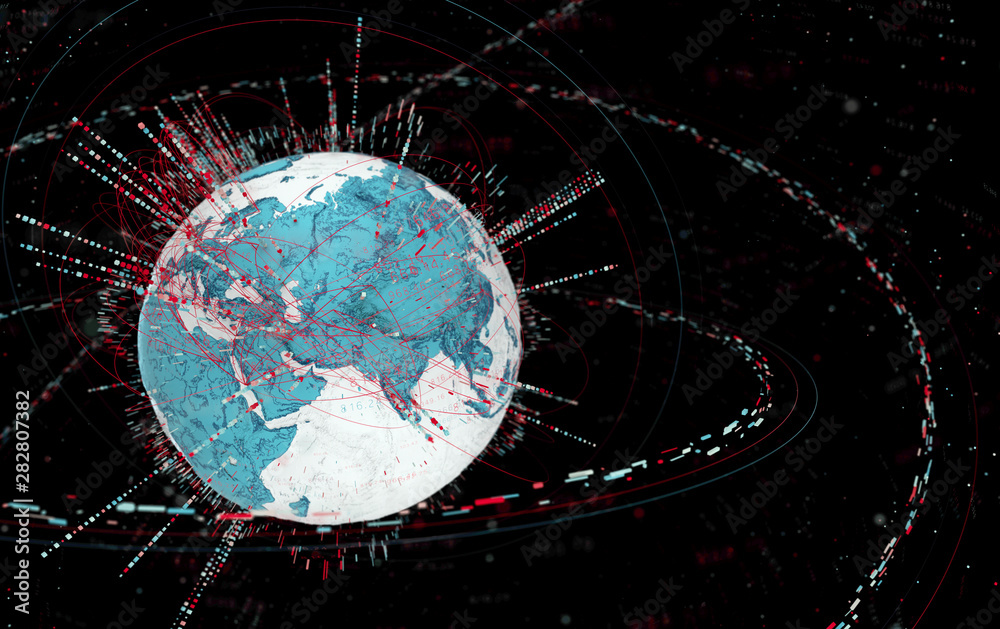 Fototapete 3d data globe - abstract illustration of a scientific technology data network surrounding planet earth conveying connectivity, complexity and data flood of modern digital age