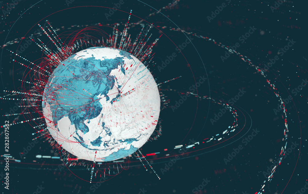 Wall mural 3d data globe - abstract illustration of a scientific technology data network surrounding planet ear