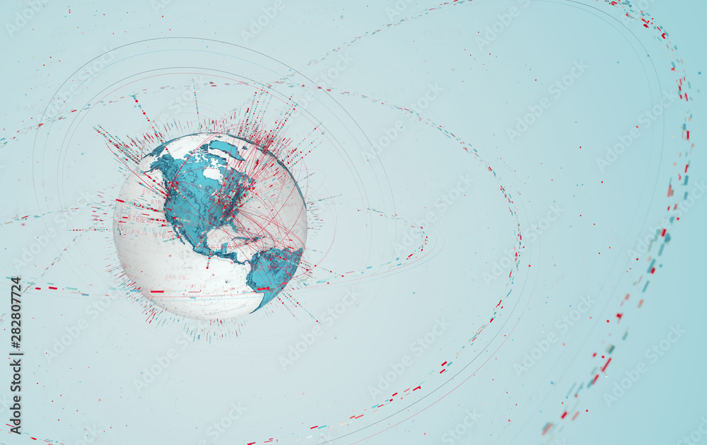 Fototapete 3d data globe - abstract illustration of a scientific technology data network surrounding planet ear