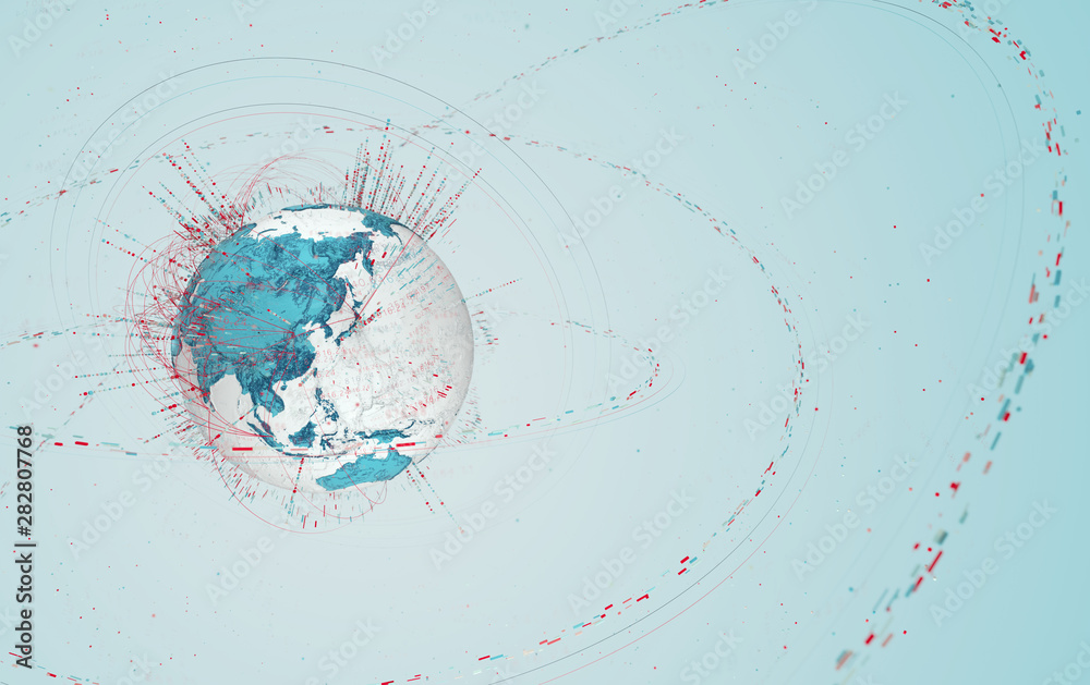 Fototapete 3d data globe - abstract illustration of a scientific technology data network surrounding planet ear
