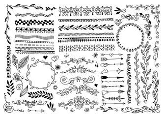 set of hand drawing doodle page divider, border, corner in doodle floral style - obrazy, fototapety, plakaty