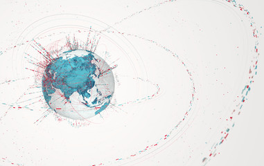 3d data globe - abstract illustration of a scientific technology data network surrounding planet earth conveying connectivity, complexity and data flood of modern digital age