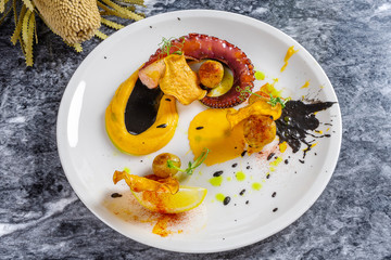 Close up on cooked and perfect served octopus tentacle. grilled octopus on white plate. Salad with octopus Appetizing fresh mediterranean seafood meal. Restaurant food style