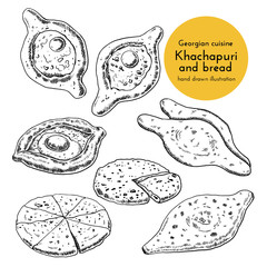 Set of Khachapuri illustration. sketch of traditional georgian cuisine. hand drawn illustration of khachapuri, tortillas