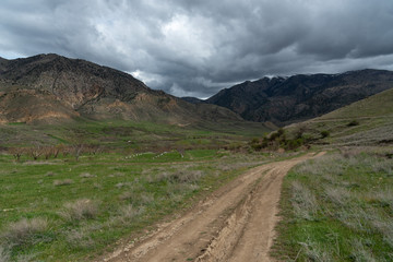 mountain dirt road, beautiful valley