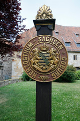 Fototapeta na wymiar Border Sign, Duchy, Saxony, Coburg, Bavaria, Germany, Europe