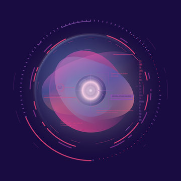 AI technology concept. Futuristic artificial intelligence representation. Camera aim with circles and glowing, data and digits. Digital ai vector illustration. Computer communication interface.