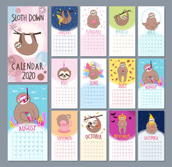 Monthly 2020 calendar with cute sloth characters in cartoon style © Iryna