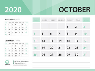 October 2020, Desk Calendar 2020 vector Design, green concept for business; Week Start On Sunday, Planner, Stationery, Printing, Size : 8 x 6 inch