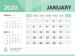 January 2020, Desk Calendar 2020 vector Design, green concept for business; Week Start On Sunday, Planner, Stationery, Printing, Size : 8 x 6 inch