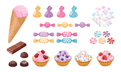 Set of sweets. Ice cream, cupcakes with berries, сandies in color wrappers, marshmallows and chocolate isolated on white. Vector illustration of desserts in cartoon simple flat style.