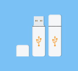 Two flash drives with orange USB symbol on them. Vector illustration on a blue background