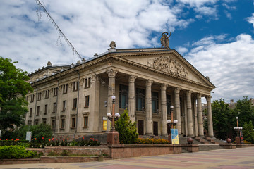 Front view of Academic Drama Theatre of Taras Shevchenko on Theatre square in Ternopil, Ukraine....
