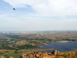 Wide view of Lake Lawtonka, seen from the peak of Mt Scott, Oklahoma, USA.