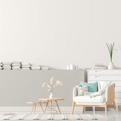 Empty wall mock up in Scandinavian style interior with wooden furnitures. Minimalist interior design. 3D illustration.
