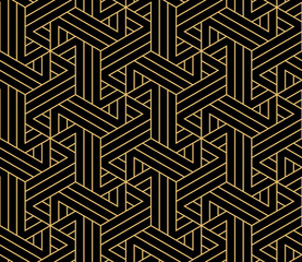 Abstract geometric pattern with stripes, lines. Seamless vector background. Gold and black ornament. Simple lattice graphic design