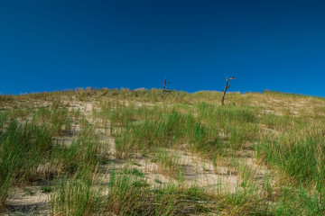 Fototapeta na wymiar Moving Dunes in Northern Poland. A Desert by the Sea. Incredible Place on Earth. Pictures Taken in Very Hot Day with No Clouds.