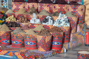 Fototapeta na wymiar Traditional spices bazaar with herbs and spices in street old market in Sharm El Sheikh, Egypt. close up