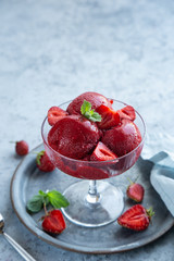 sweet strawberry sorbet in a glass, vegan  low carb berries ice cream