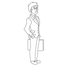 Businessman with bag in hand. Vector illustration with continuous lines on white background.