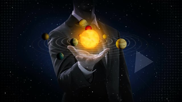 Businessman opens palm, spread solar system, space science, 4k animation.