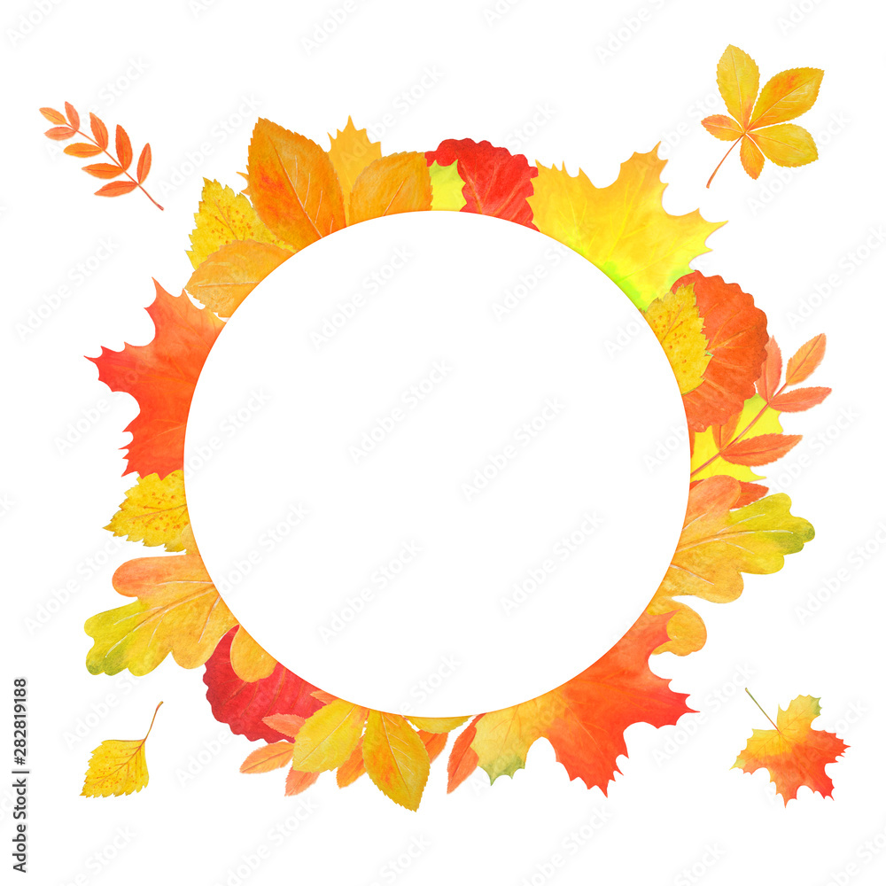 Wall mural frame for design with autumn leaves in the shape of a circle
