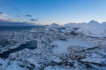 Fototapeta na wymiar Aerial view of Svolvaer city the small harbour of Norwegian in winter season, Norway