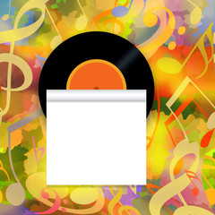 Music backgound with vinyl record, blank paper scroll and musical notes