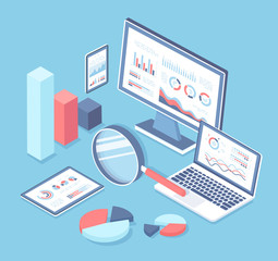Online audit, research, report, analytics, analysis concept. Web and mobile service. Charts graphs on screens of laptop, monitor, phone, tablet, big magnifying glass. Isometric 3d vector illustration