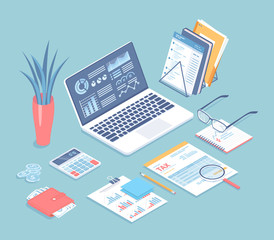 Tax payment, bookkeeping, accounting. Tax form, laptop, calculator, folders, wallet with money, magnifying glass, glasses, documents with charts on the table. Isometric 3d vector illustration.