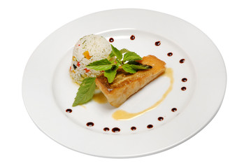 Grilled Salmon with Vegetables and Rice on white isolated background