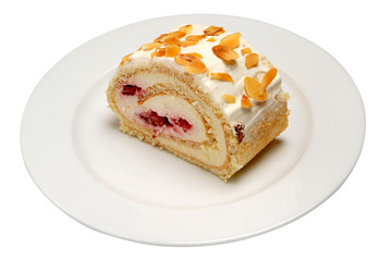 Sweet roll cake with slice, isolated on white background