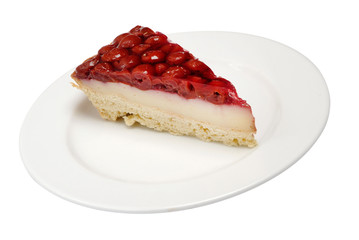 Tasty slice of a cherres pie on gray background