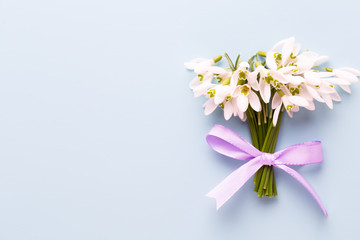 Fresh snowdrops on blue background with place for text. Spring greeting card. Mother day. Flat lay.