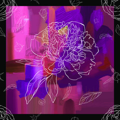 Floral seamless pattern with peonies and red purple abstract background.