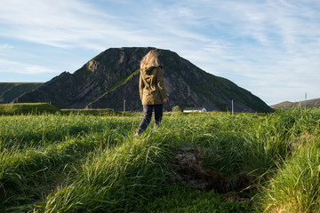 Woman walking on the grass against the backdrop of mountains and blue sky. Walk in beautiful nature. Scenic view on summer sunset. Travel, adventure. Sense of freedom, lifestyle. Explore North Norway