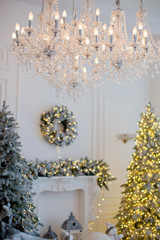 royal room with christmas tree and fireplace