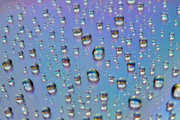Water drops with reflection of the rainbow. Colorful abstract background. Blue, green and red abstract rainbow background. Closeup, selective focus