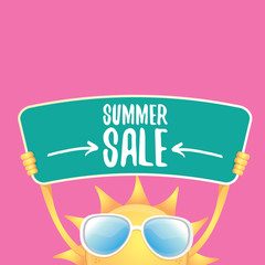 summer sale vector poster or web banner. summer happy sun character holding sign or banner with special offer sale text on pink background