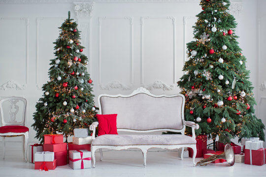 vintage sofa and chairs near Christmas tree