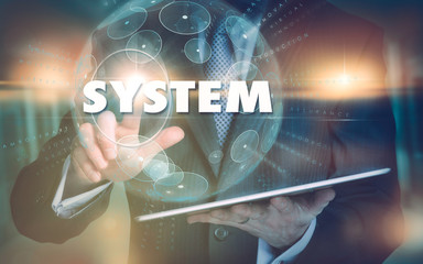 A hand selecting a System business concept on a futuristic computer display.