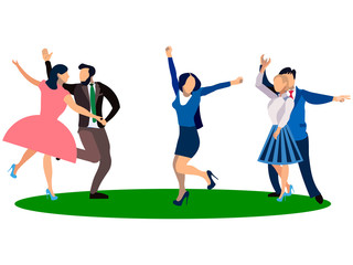 People dancing on a white background. In minimalist style. Flat isometric raster