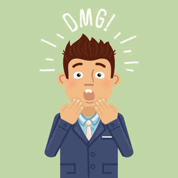 Illustration of a surprised businessman. Shocked, amazed emotion, facial expression, emoji, emoticon. Flat style vector illustration