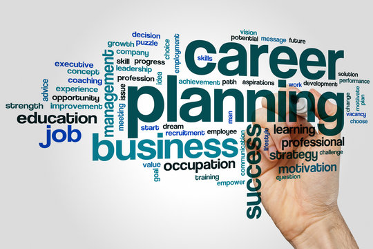 Career planning word cloud concept on grey background