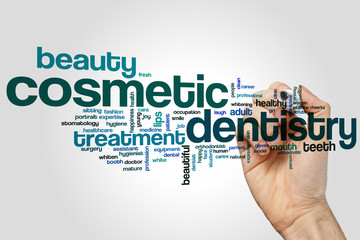 Cosmetic dentistry word cloud concept on grey background