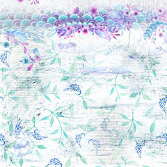 Abstract background with watercolor pattern in lilac tones, grunge texture. Watercolor envelope, bird feather, branches, flowers.