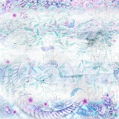 Abstract background with watercolor pattern in lilac tones, grunge texture. Watercolor envelope, bird feather, branches, flowers.