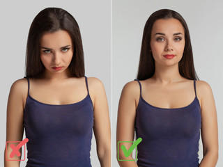 Portrait of a beautiful woman demonstrating the right and wrong way of posing.