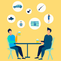 Friends at the bar drink beer. They talk on mens topics. In minimalist style. Flat isometric raster