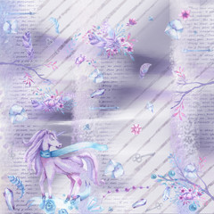 Abstract background with watercolor striped pattern in lilac colors, grunge texture. Watercolor unicorn, branches, flowers.